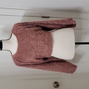 Love J Size L Dusty Rose / Mauve Bell Sleeve Fuzzy Eyelash Cropped Sweater